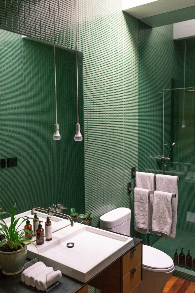 Bathroom with Tiled Walls and a Potted Plant